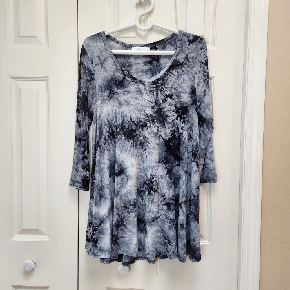 [M] Cielo Tie-Dye Style Mini Dress Tunic Gray Black White Longsleeve‎ S-M